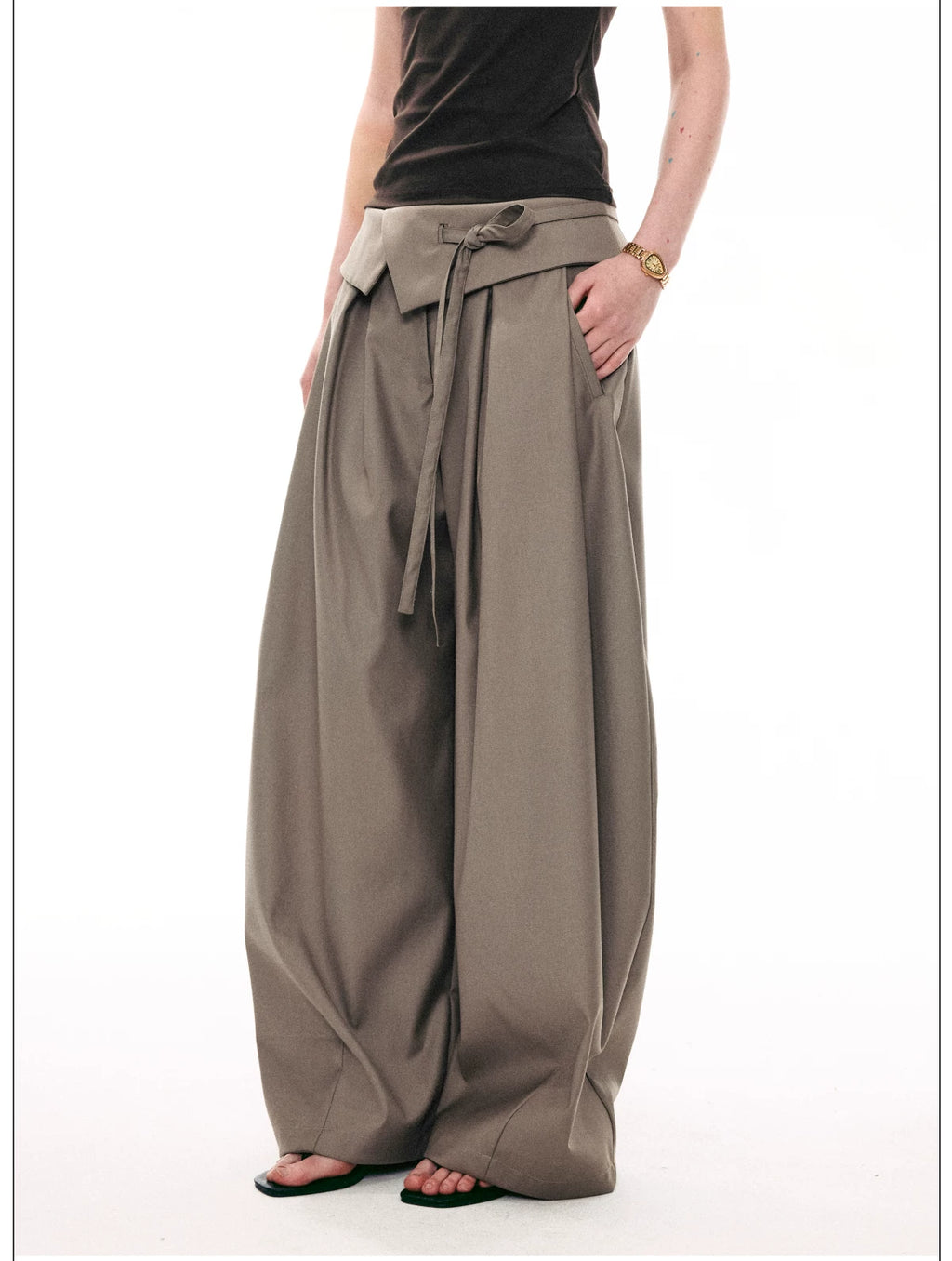 French Style Foldover Wide-Waist Tie Loose Wide-Leg Pants