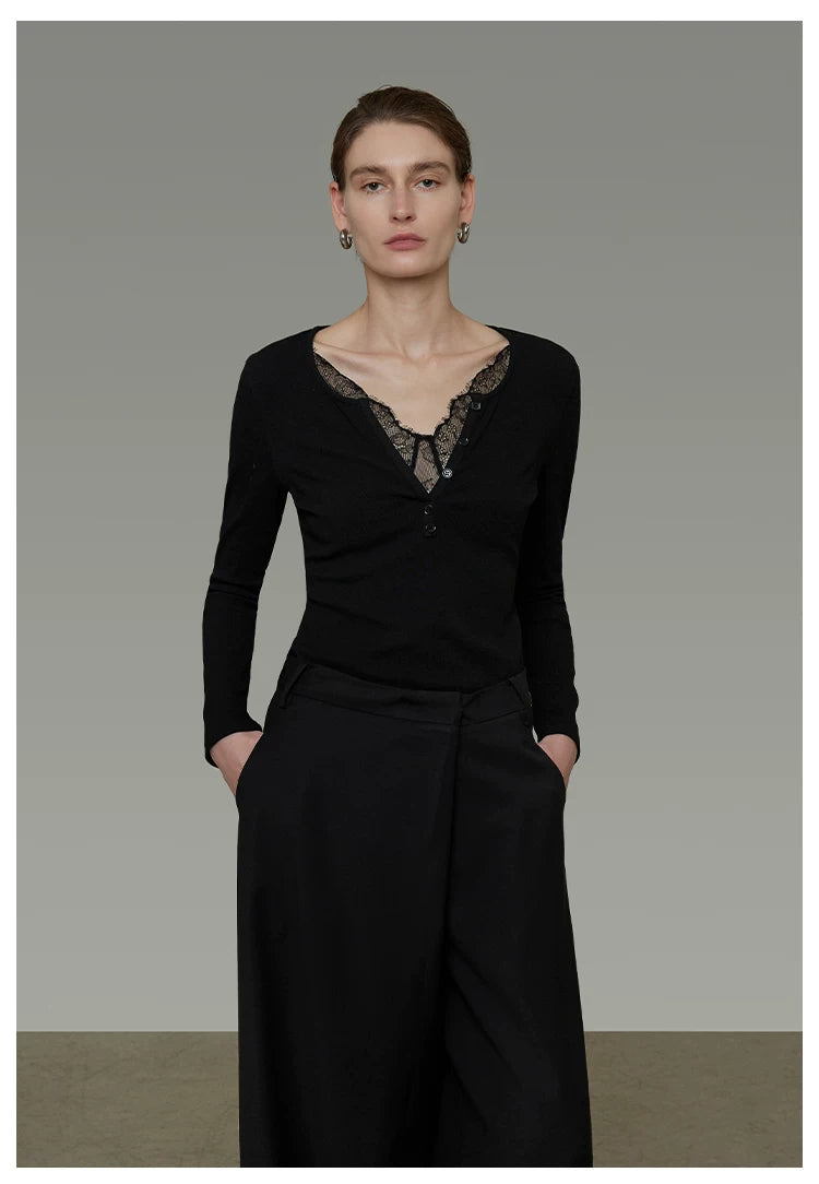 Minimalist Lace V-Neck Slim-Fit Knit Top