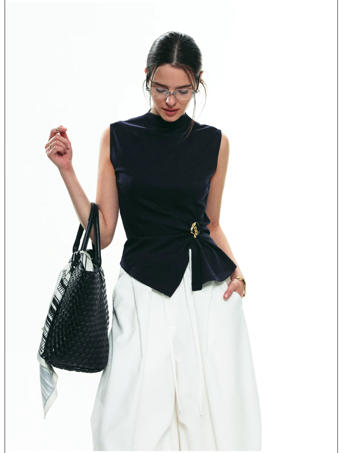 French-Inspired Slim-Fit Sleeveless Twist Top Set