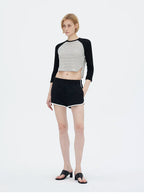 Contrast Raglan 3/4 Sleeve Curved Hem Cropped T-Shirt