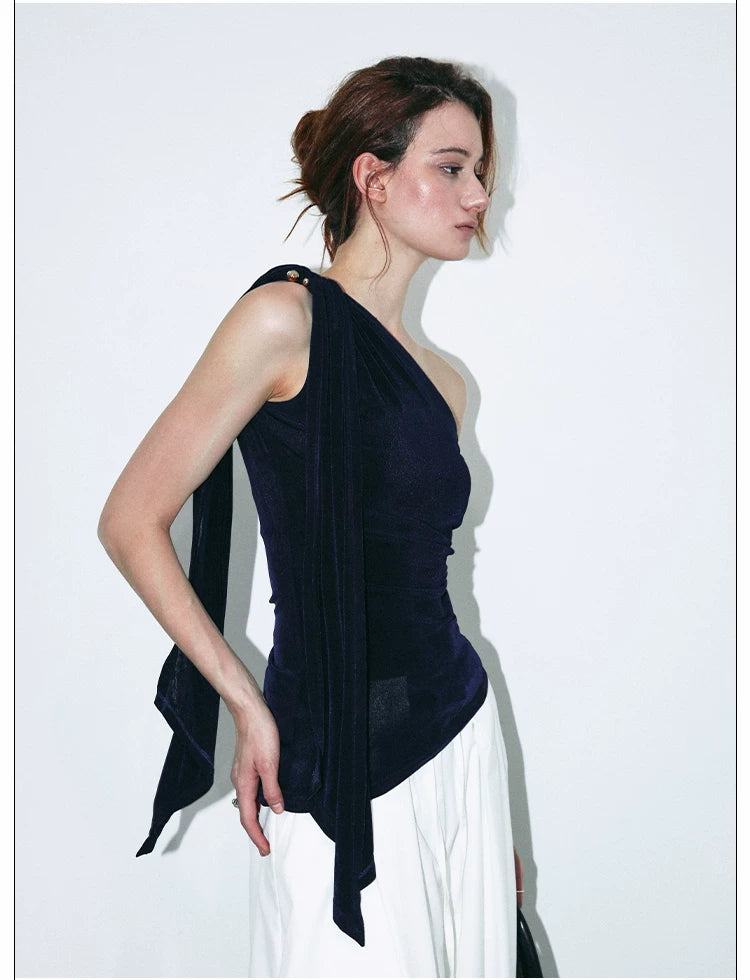 French-Inspired Acetate One-Shoulder Tie Detail Sleeveless Top