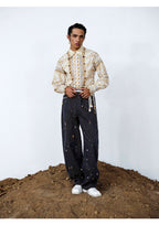 Handcrafted Wooden Bead Washed Distressed Baggy Jeans