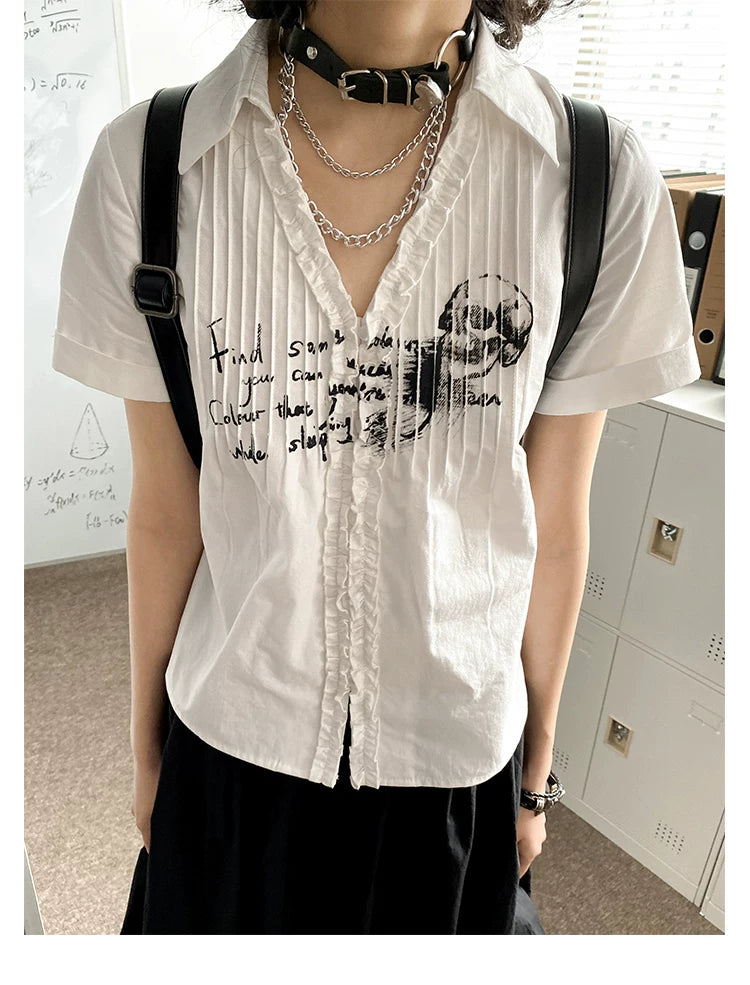 Rock Print Pleated Short Sleeve Shirt