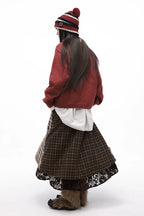 Vintage Plaid Lace Patchwork Layered Midi Skirt