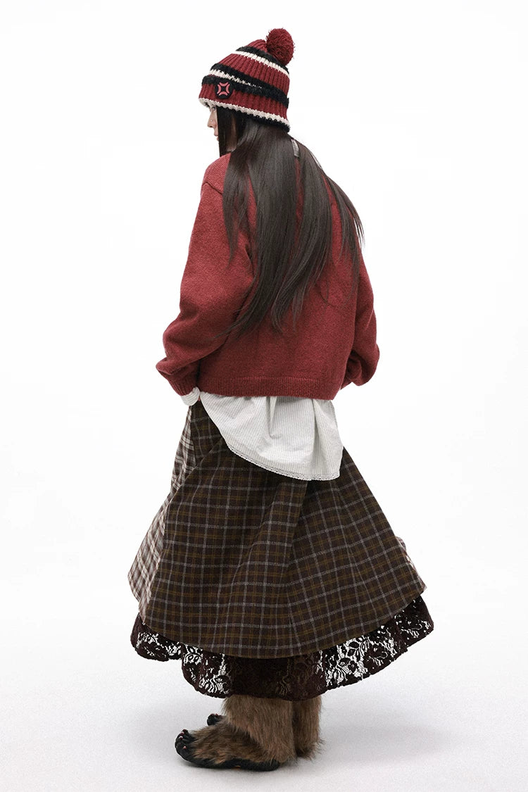 Vintage Plaid Lace Patchwork Layered Midi Skirt