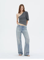 Asymmetric One-Shoulder Ruched Fitted Top