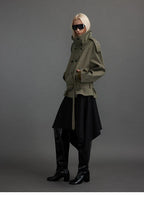 Cropped Trench Jacket with Stand Collar and Curved Shoulders