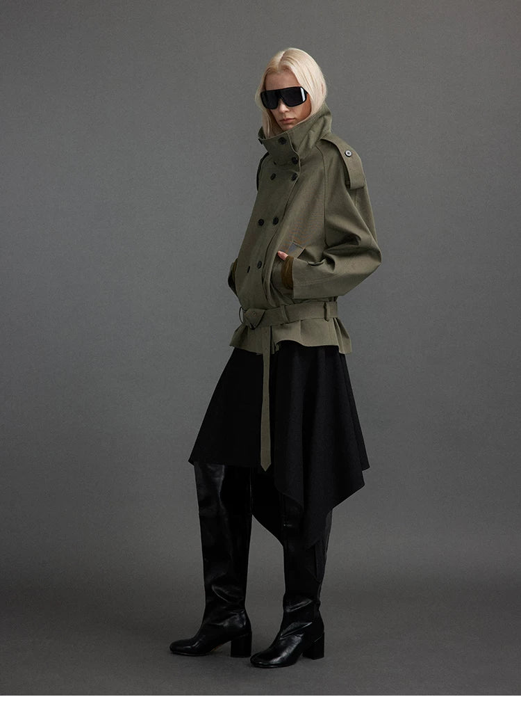 Cropped Trench Jacket with Stand Collar and Curved Shoulders