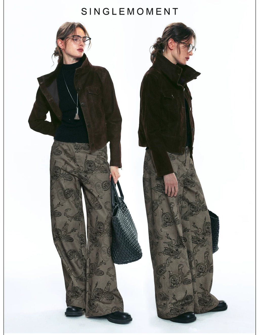French-Inspired Vintage Flocked Twill Cropped Biker Jacket