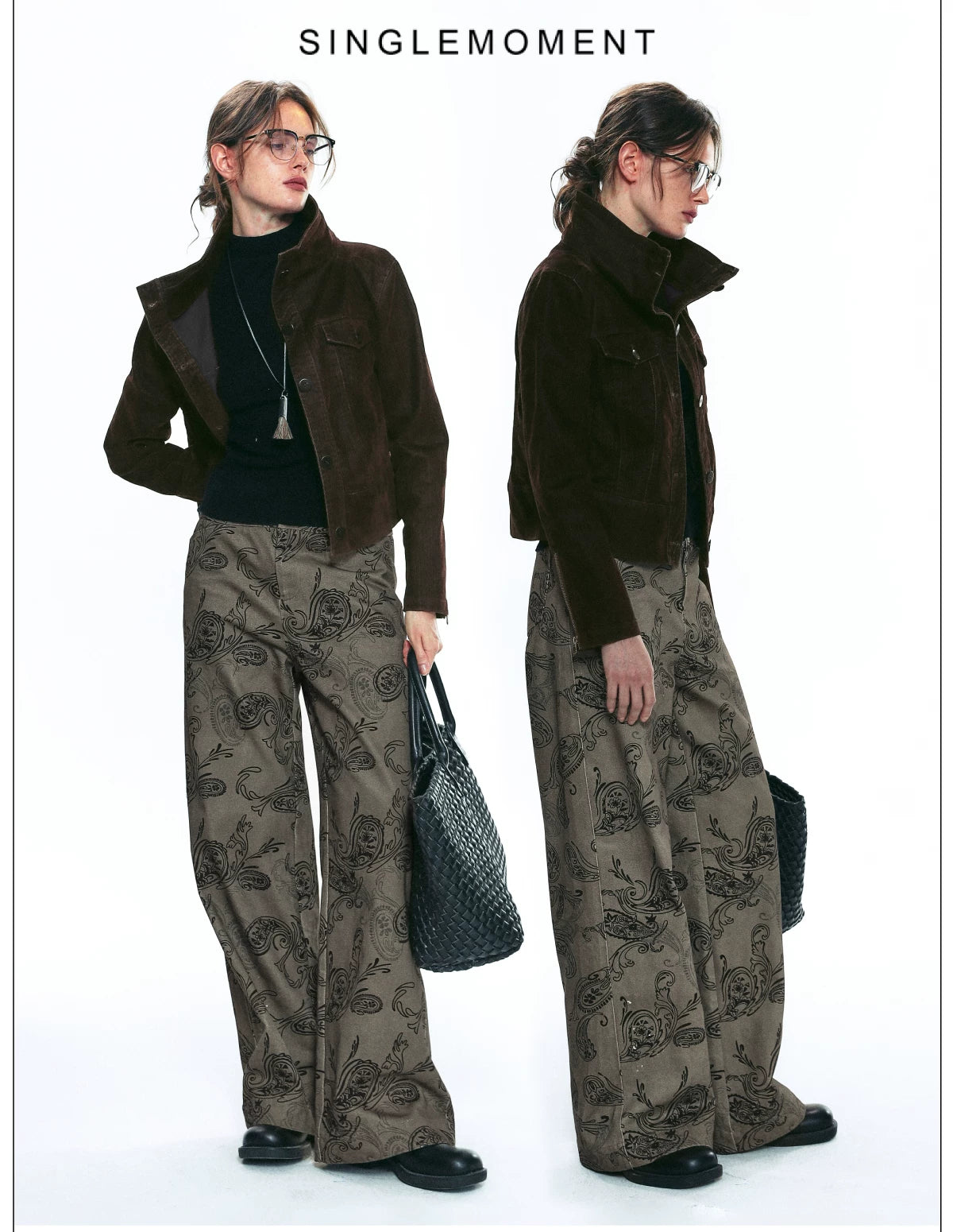 French-Inspired Vintage Flocked Twill Cropped Biker Jacket