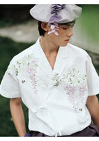 Vintage Wisteria Embroidered Cotton Linen Short Sleeve Shirt