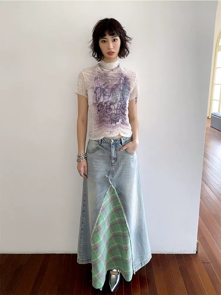 Lace Ruched Slim-Fit Printed Short Sleeve T-Shirt