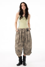 Washed Distressed Crinkled Elastic Waist Cropped Shorts