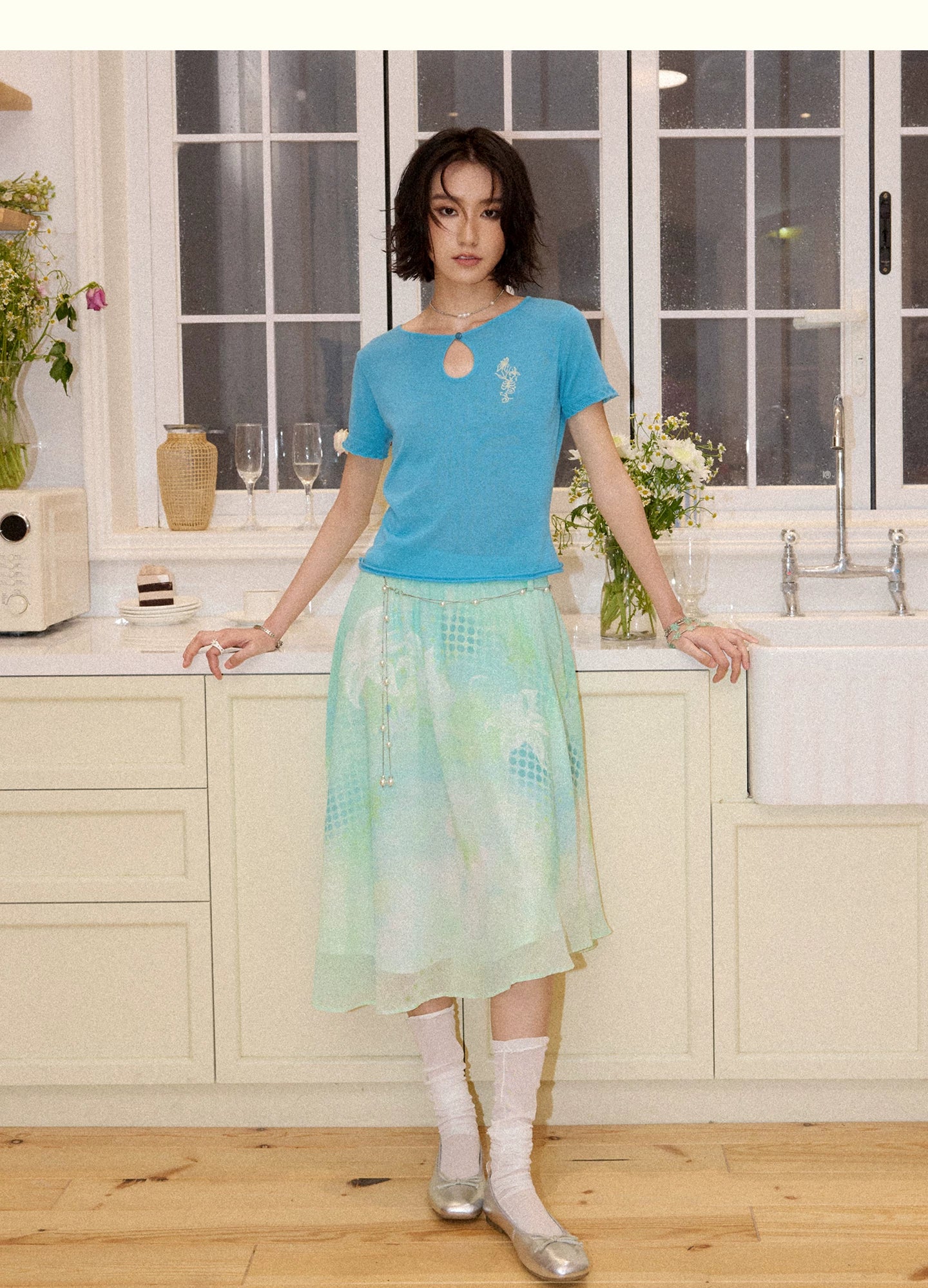 Pearl Waist Chain Gradient Print Skirt