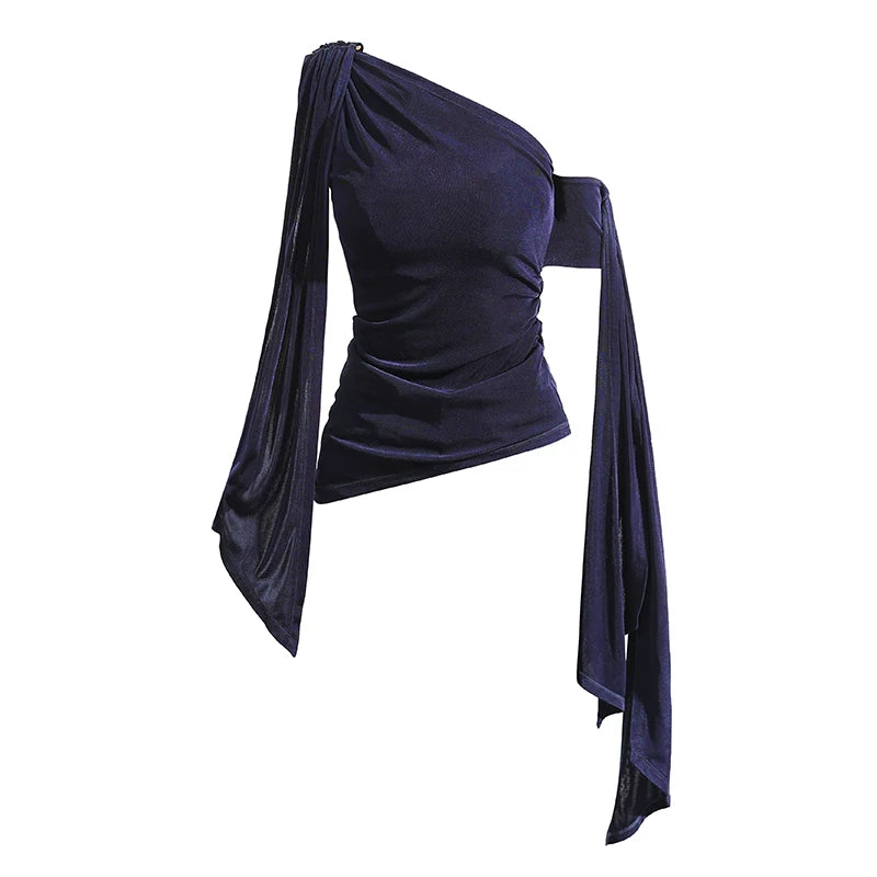 French-Inspired Acetate One-Shoulder Tie Detail Sleeveless Top