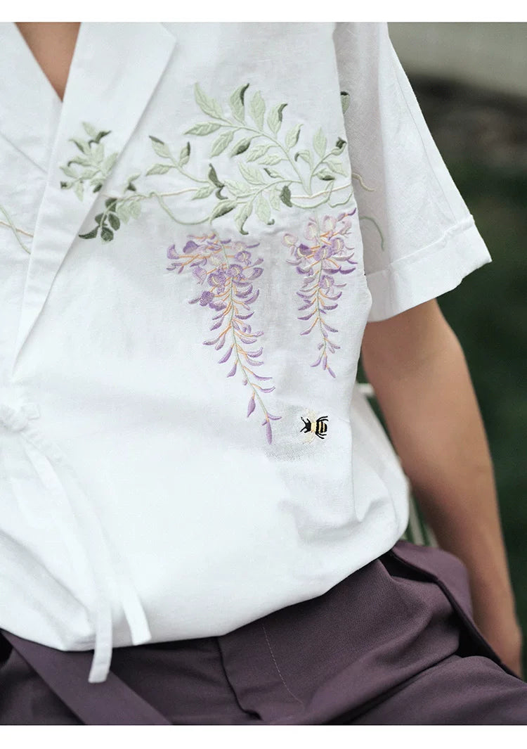 Vintage Wisteria Embroidered Cotton Linen Short Sleeve Shirt