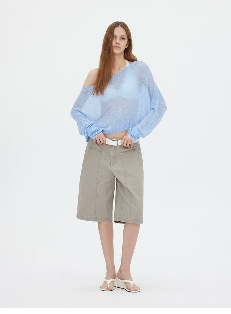Asymmetric Shoulder Lyocell Linen Knit Cover-Up