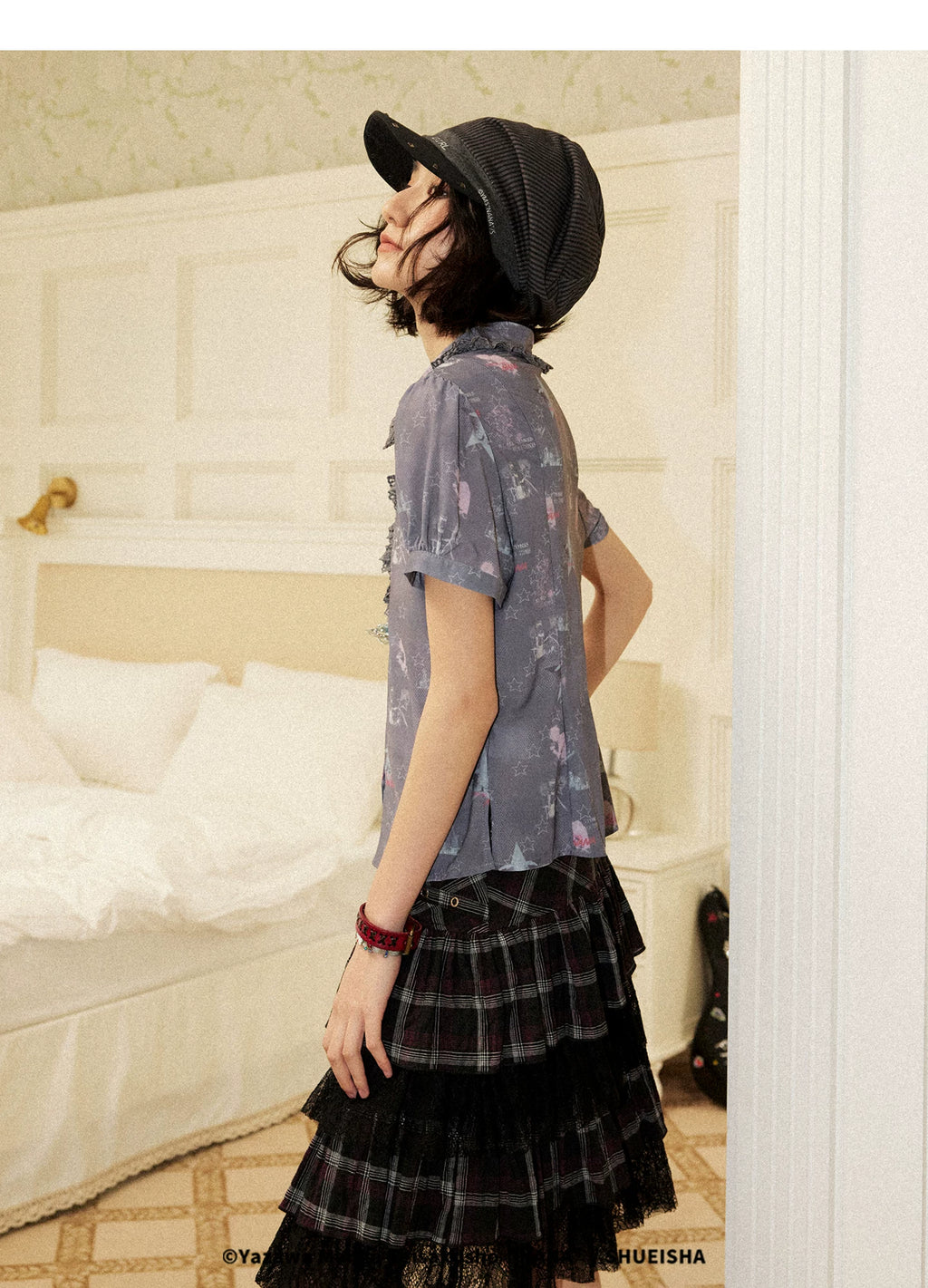 All-Over Print Lace Trim Button-Up Short Sleeve Shirt