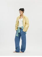 Butter Yellow Curved-Shoulder Leather Bomber Jacket