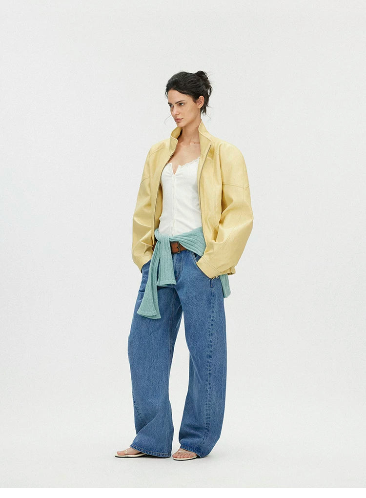 Butter Yellow Curved-Shoulder Leather Bomber Jacket