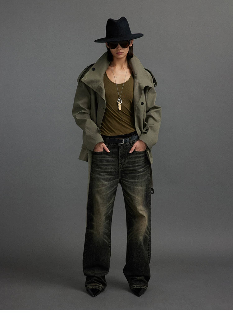 Cropped Trench Jacket with Stand Collar and Curved Shoulders