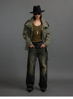 Cropped Trench Jacket with Stand Collar and Curved Shoulders