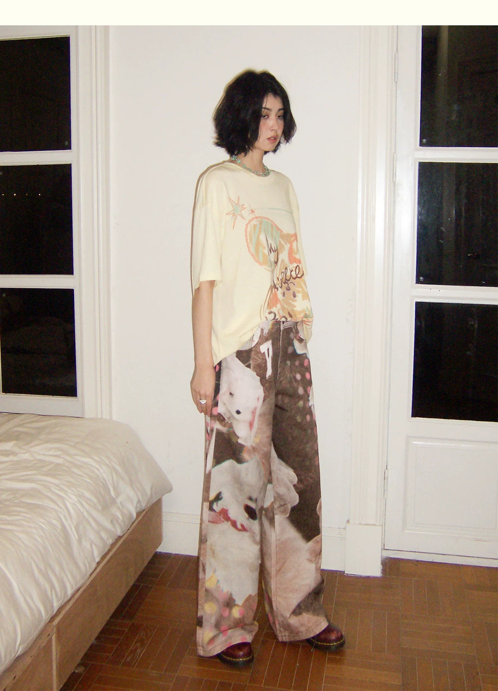 All-Over Doll Print Wide-Leg Denim Pants