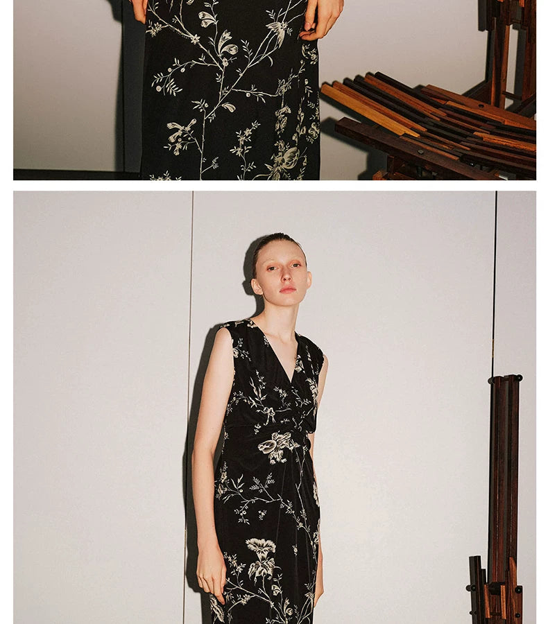 Black Floral Vine Print Sleeveless Dress