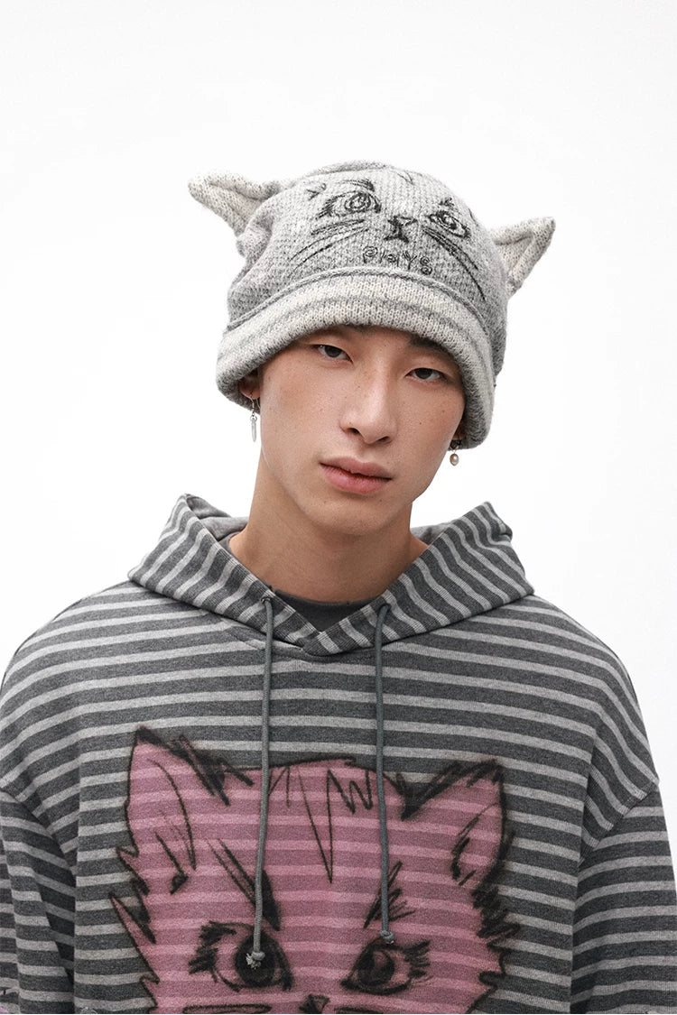 Grotesque Cat Paw Print Lace Trim Loose Striped Hooded Long Sleeve T-Shirt