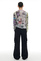 Pop Art Collage Stretch Mesh Long Sleeve Top