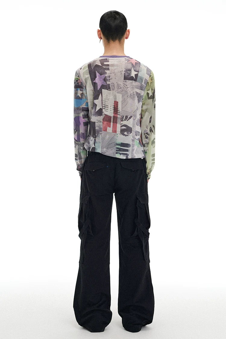 Pop Art Collage Stretch Mesh Long Sleeve Top