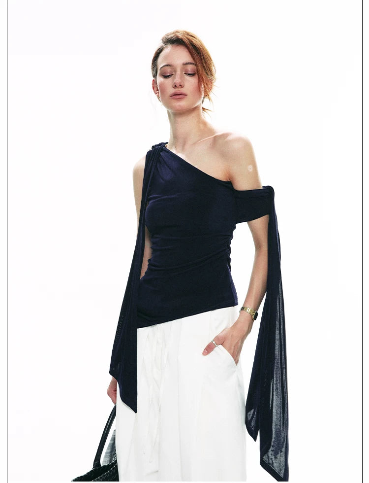 French-Inspired Acetate One-Shoulder Tie Detail Sleeveless Top