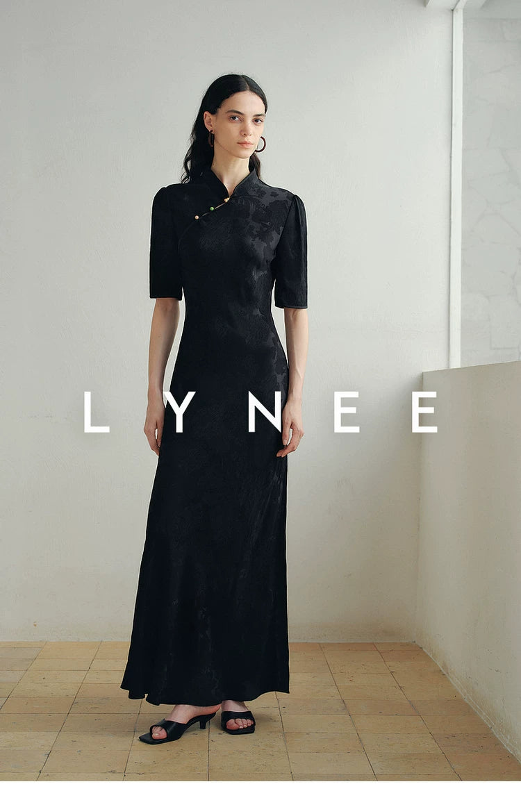 Jacquard Bias-Cut Mid-Sleeve Cheongsam Dress