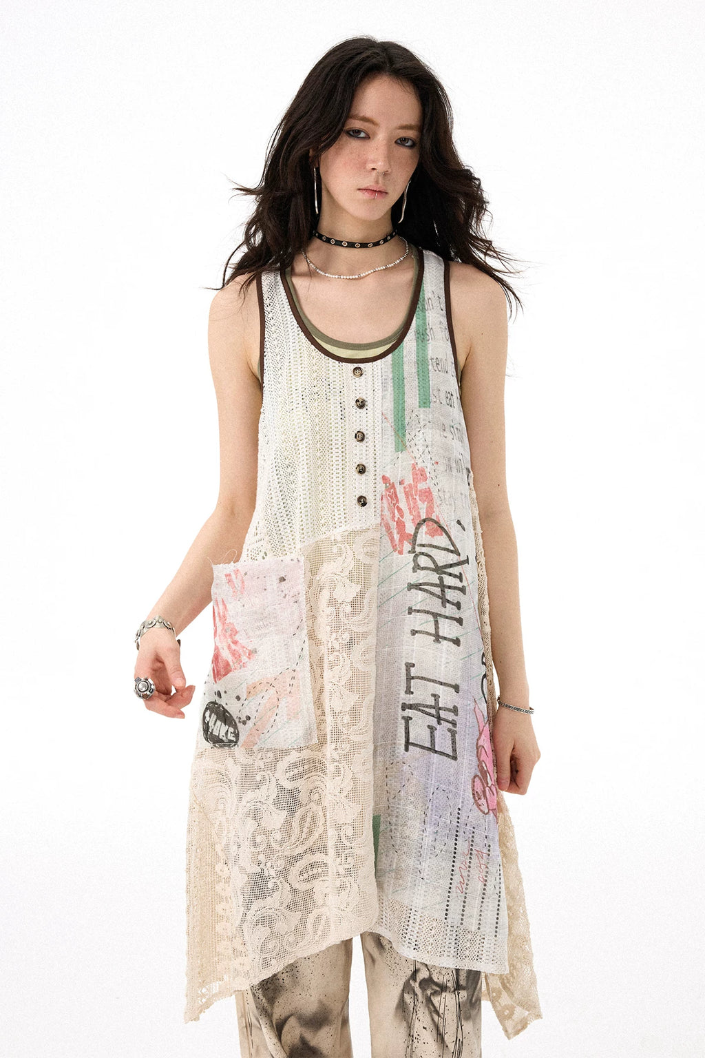 Sleeveless Mid-Length Graffiti Lace Patchwork A-Line Slip Dress