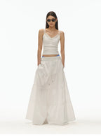 Wide Ribbed Waistband Tiered Crinkle Maxi Skirt