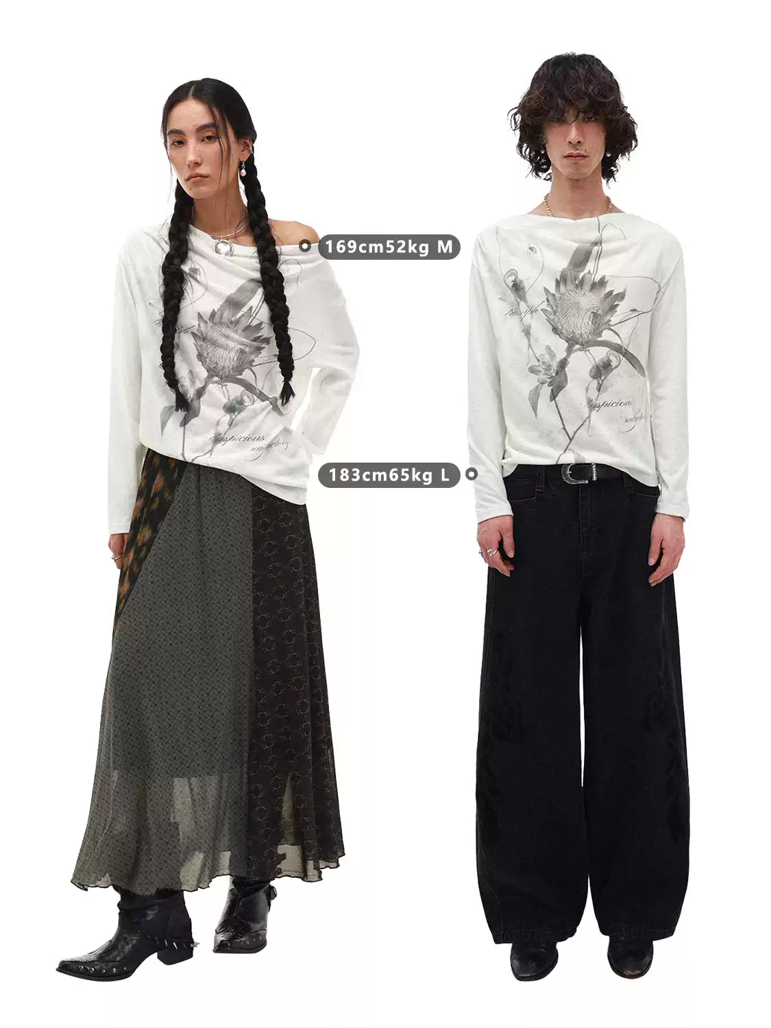 Moon Neck Asymmetric Floral Long Sleeve T-Shirt