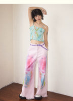 Light Pink Hand-Drawn Print Raw Hem Loose Wide-Leg Jeans