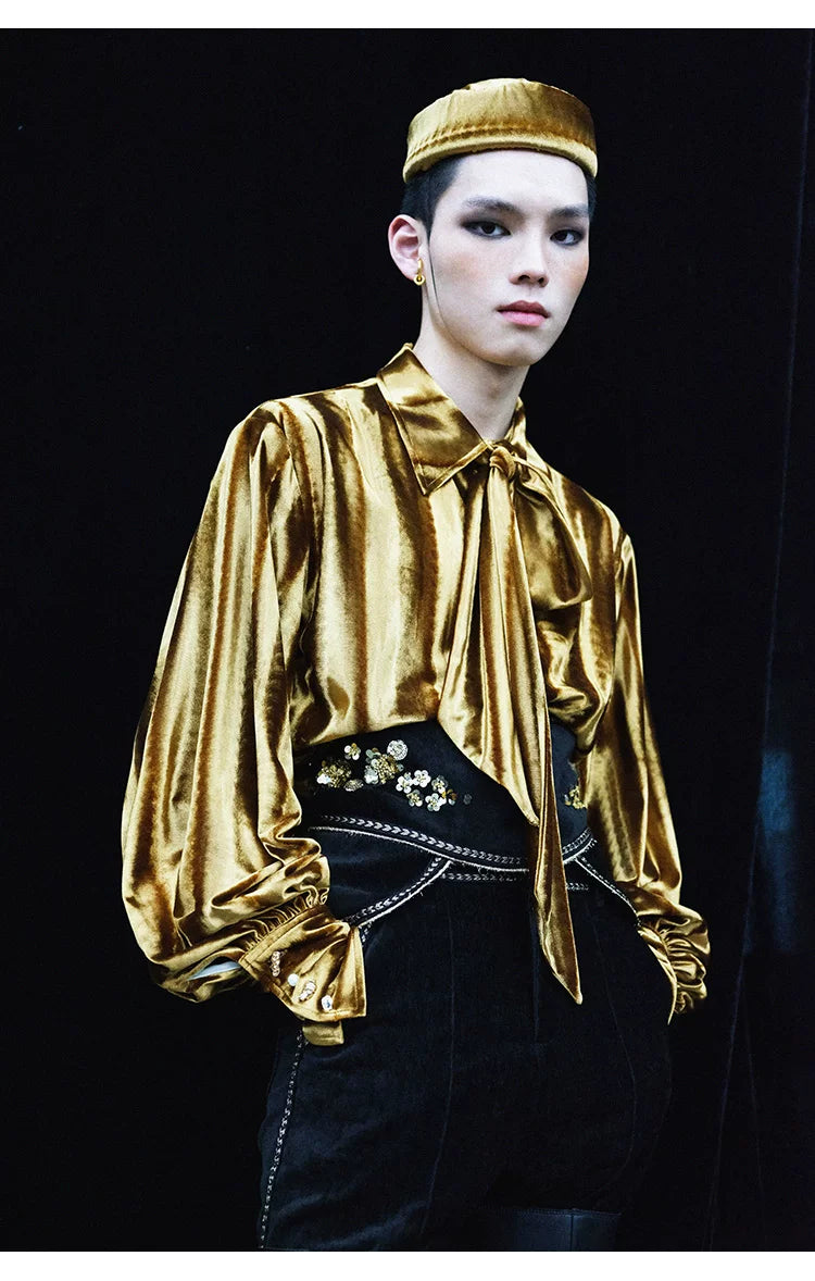 French Vintage Velvet Drop-Shoulder Long Sleeve Shirt