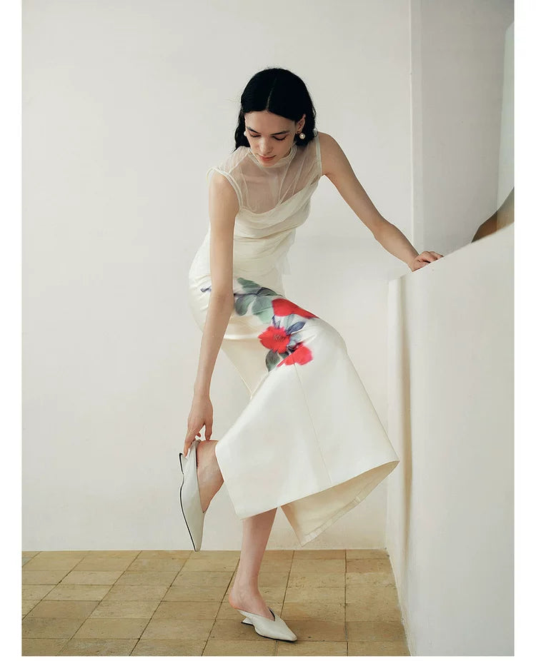 Gradient Pomegranate Floral Straight Skirt