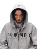 Oversized Gray Zip Hoodie with Trendy Slogan Print