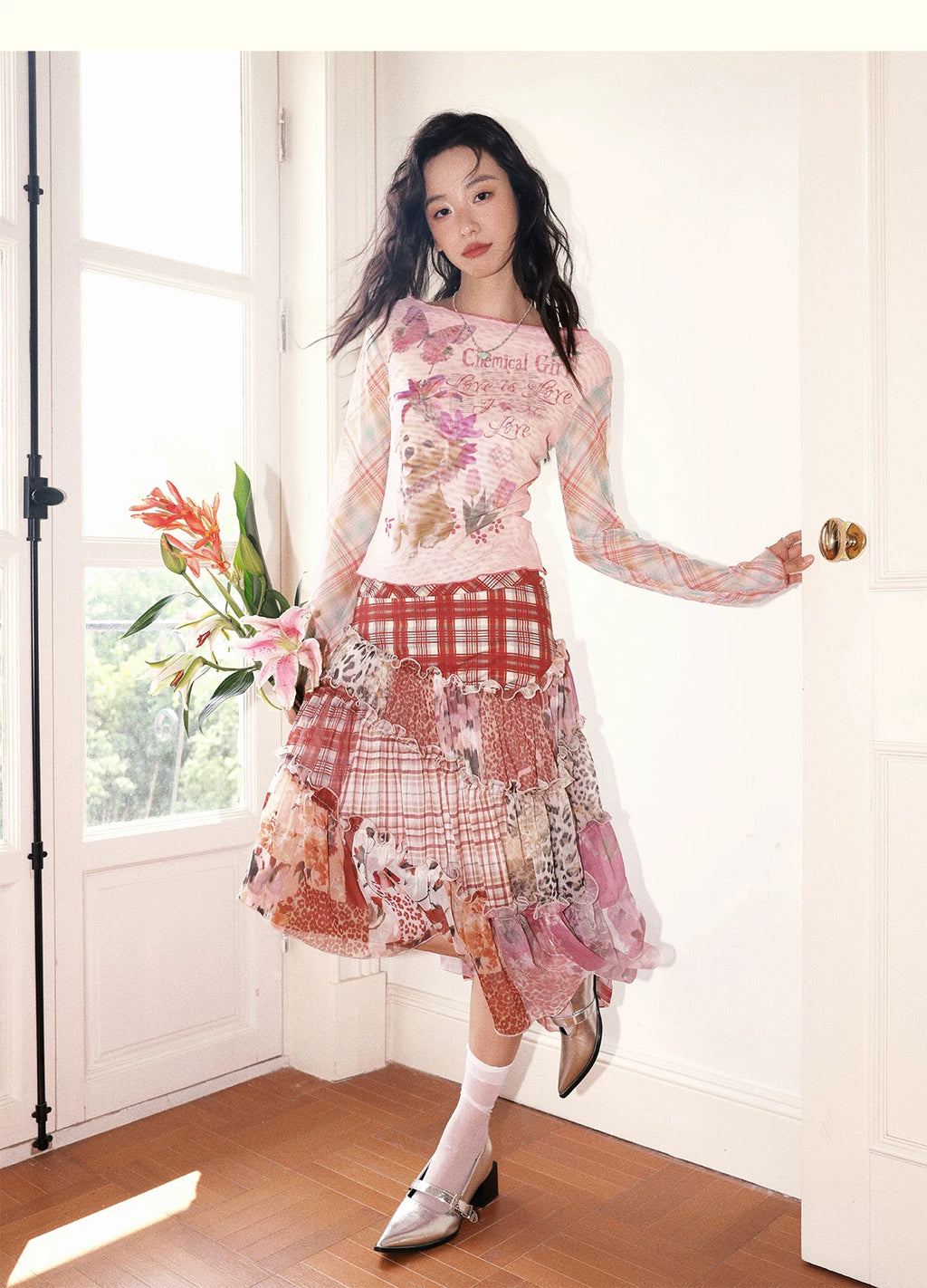 Irregular Patchwork Plaid Tiered Skirt