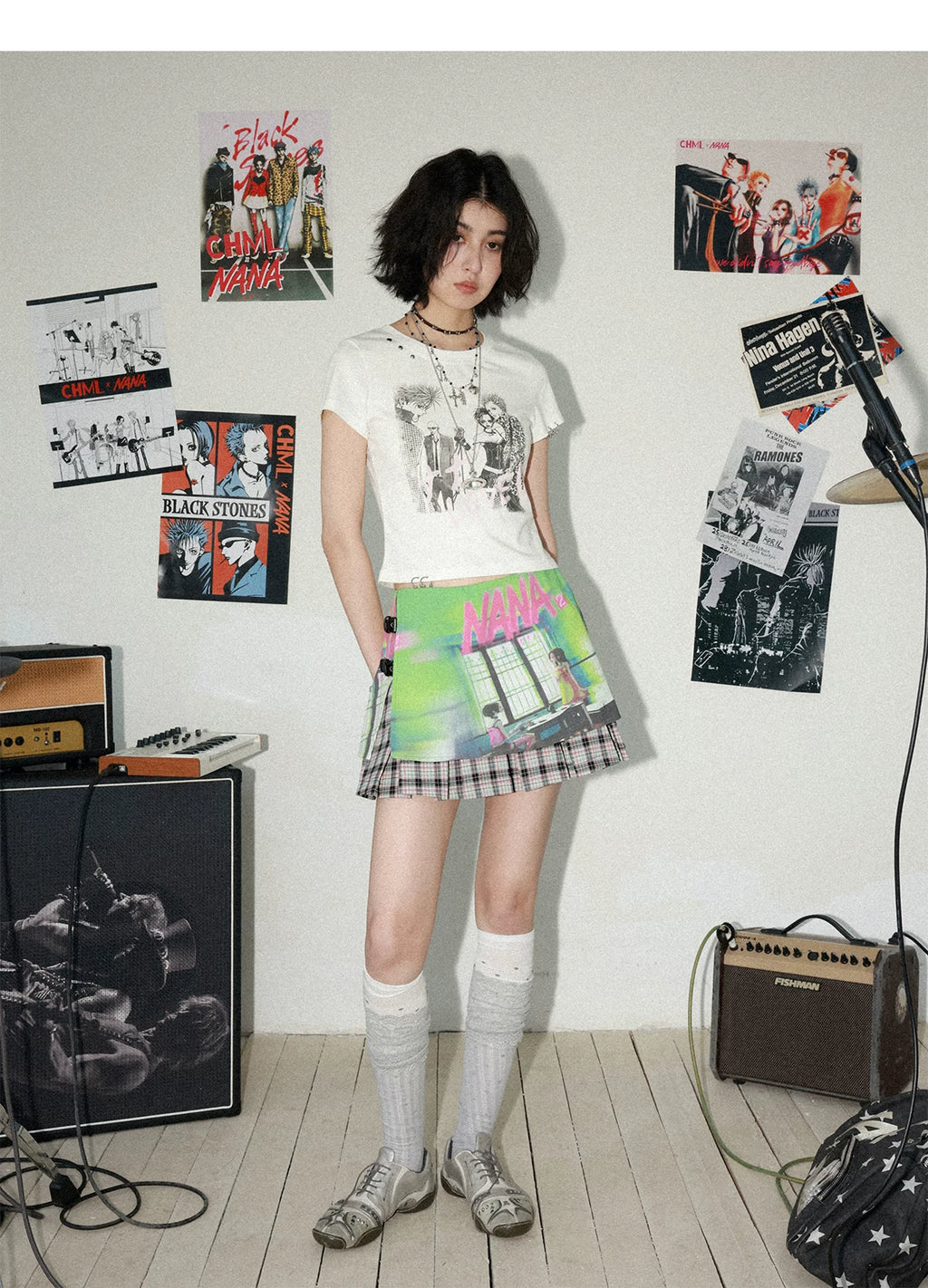 NANA Collaboration Plaid Patchwork Printed Pleated Skirt