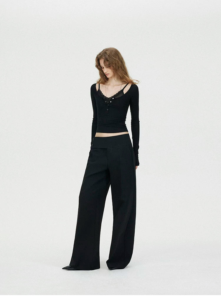 Faux Two-Piece Lace U-Neck Henley Layering Top
