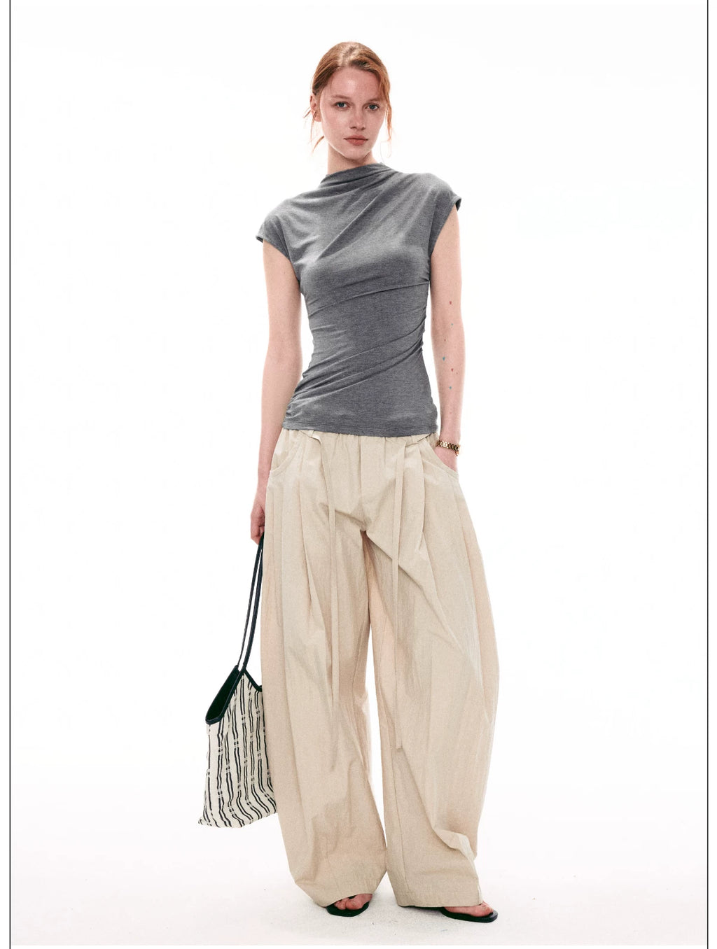 French-Inspired Mock Neck Ruched Slim-Fit Cap Sleeve Top