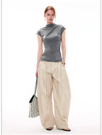 French-Inspired Mock Neck Ruched Slim-Fit Cap Sleeve Top