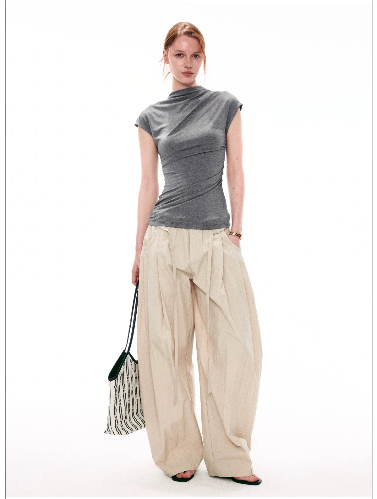 French-Inspired Mock Neck Ruched Slim-Fit Cap Sleeve Top