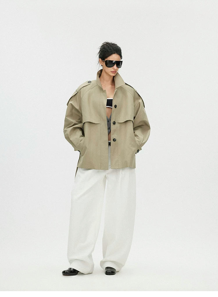 Cropped Trench Jacket with Curved Shoulders and Tie Detail