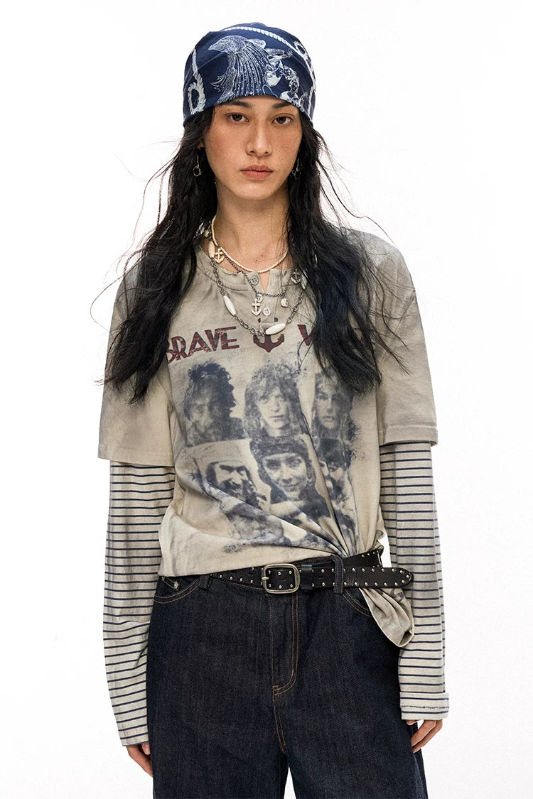 Pirate Print Striped Henley Layered-Look T-Shirt