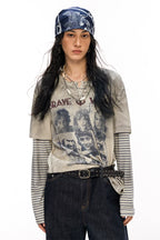 Pirate Print Striped Henley Layered-Look T-Shirt