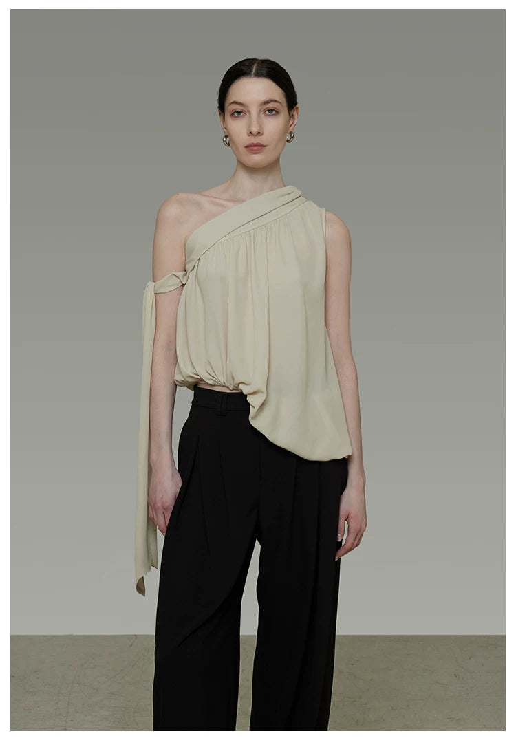French-Inspired Asymmetric One-Shoulder Sleeveless Top with Tie Detail